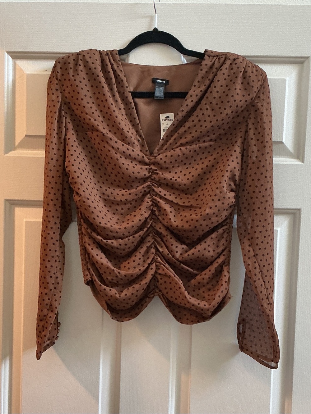 Express Brown Polka Dot Ruched V-Neck Blouse
